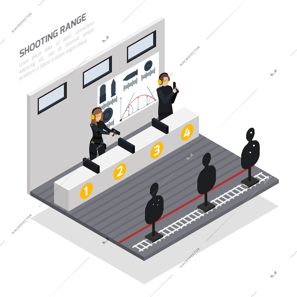 Special agents in headphones with handguns during training exercises at shooting range isometric composition vector illustration