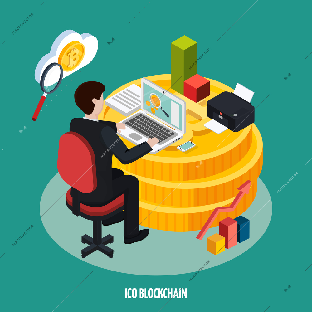 ICO blockchain development isometric composition on green background with man near laptop standing on cryptocurrencies vector illustration