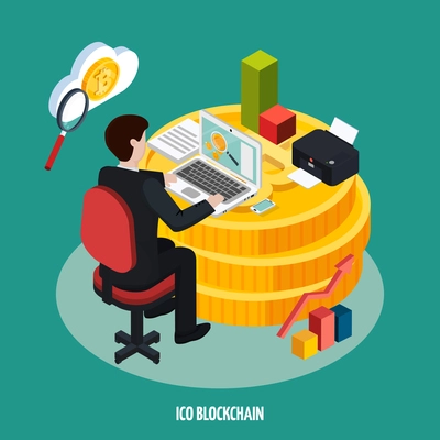 ICO blockchain development isometric composition on green background with man near laptop standing on cryptocurrencies vector illustration