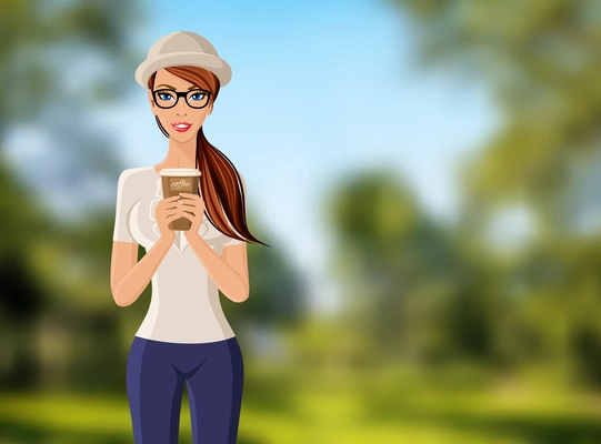 Young woman hipster girl holding coffee cup portrait on outdoor background vector illustration