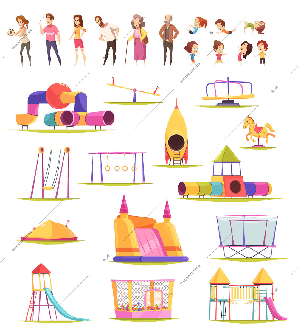 Children people playground set of isolated playground constructions and doodle human characters of kids and adults vector illustration