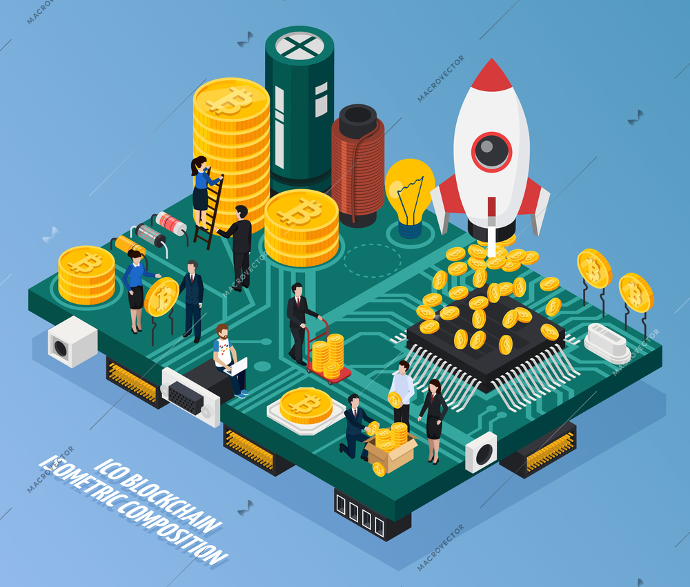 ICO blockchain isometric composition on blue background with cryptocurrency at computer hardware, mining farm, startup vector illustration