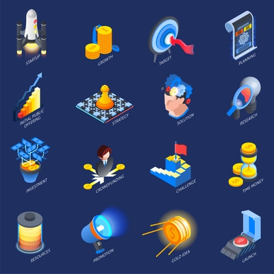 Startup launch concept isometric colorful icons collection with challenge investment strategy research planning  goals isolated vector illustration