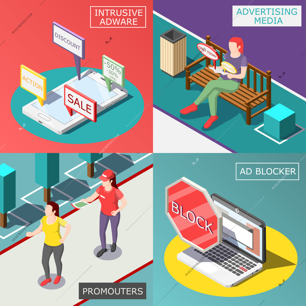 Annoying advertisement isometric design concept with ad media and program, promoters, protected mobile devices isolated vector illustration