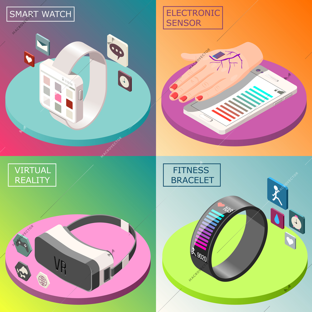 Portable electronics isometric design concept with smartwatch, virtual reality glasses, medical sensor, fitness bracelet isolated vector illustration