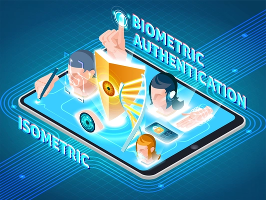 Biometric user identification secure methods isometric composition on smartphone screen with eye face finger authentication vector illustration