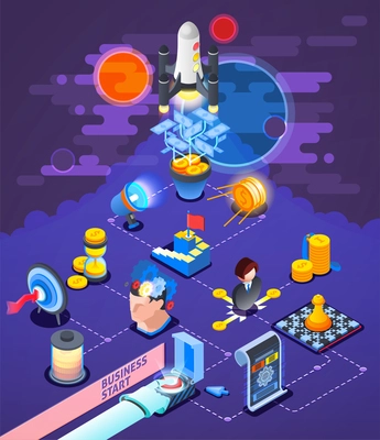 Successful startup business entrepreneurship strategy  isometric composition poster with rocket launch target cash money reward vector illustration