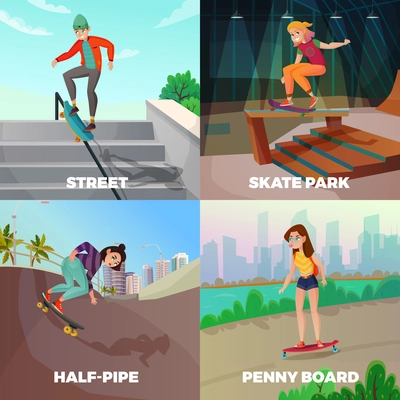 Extreme skateboarding 2x2 design concept with young people skating on city streets and urban constructions flat vector illustration