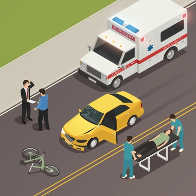 Traffic accident scene of car collision with bicycle isometric composition with drivers involved and ambulance vector illustration