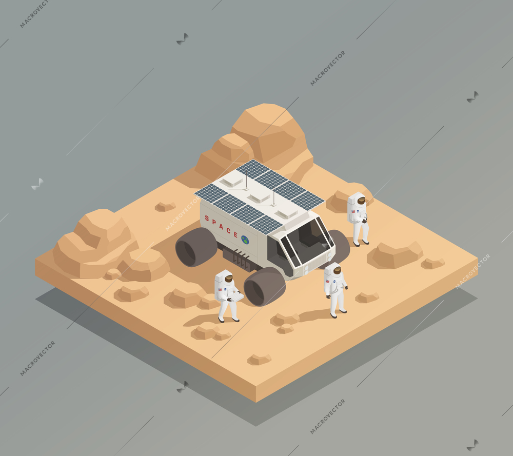 Space exploration vehicle isometric composition with planetary rover and spaceflight crew members astronauts in spacesuits vector illustration