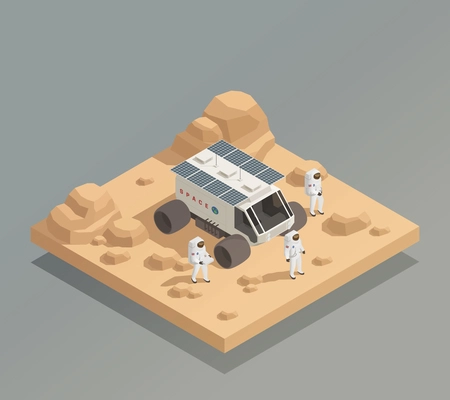 Space exploration vehicle isometric composition with planetary rover and spaceflight crew members astronauts in spacesuits vector illustration