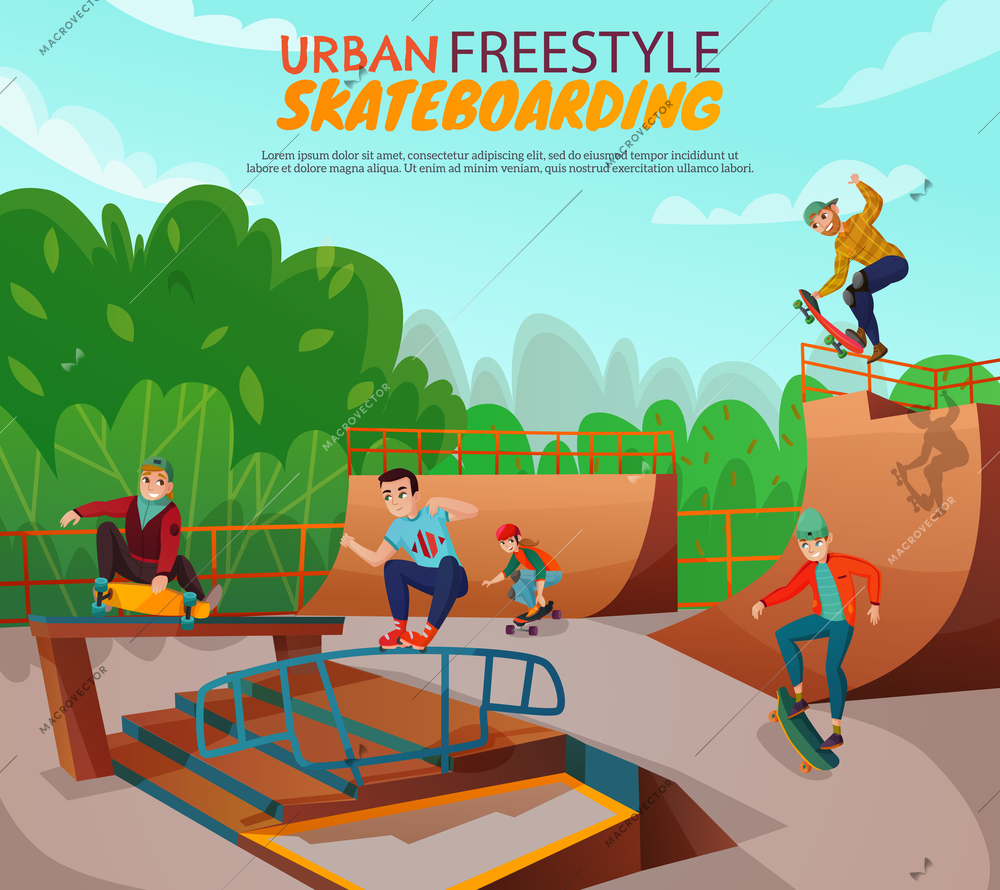 Urban skateboarding background with group of teenage boys training in freestyle on skate ramp cartoon vector illustration
