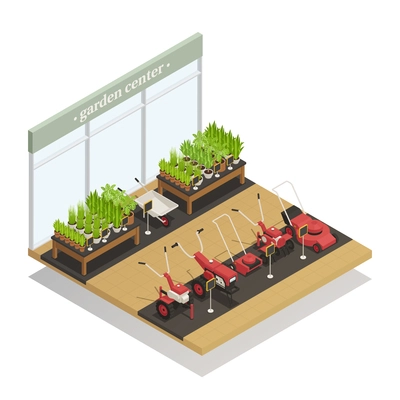 Garden center young plants and agricultural equipment sale isometric composition with lawn mowers and wheelbarrow vector illustration