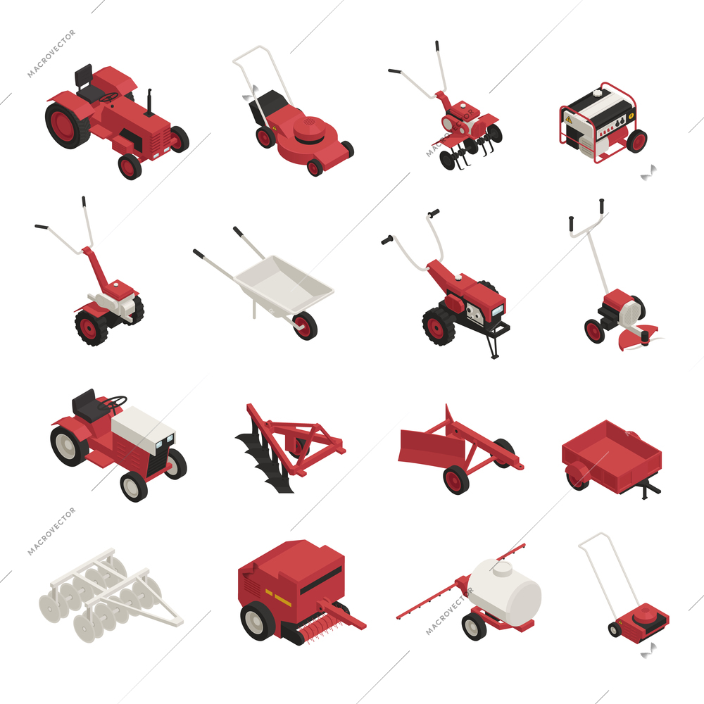 Garden farm machinery outdoor power equipment isometric icons collection with lawnmowers wheelbarrow brush cutters isolated vector illustration