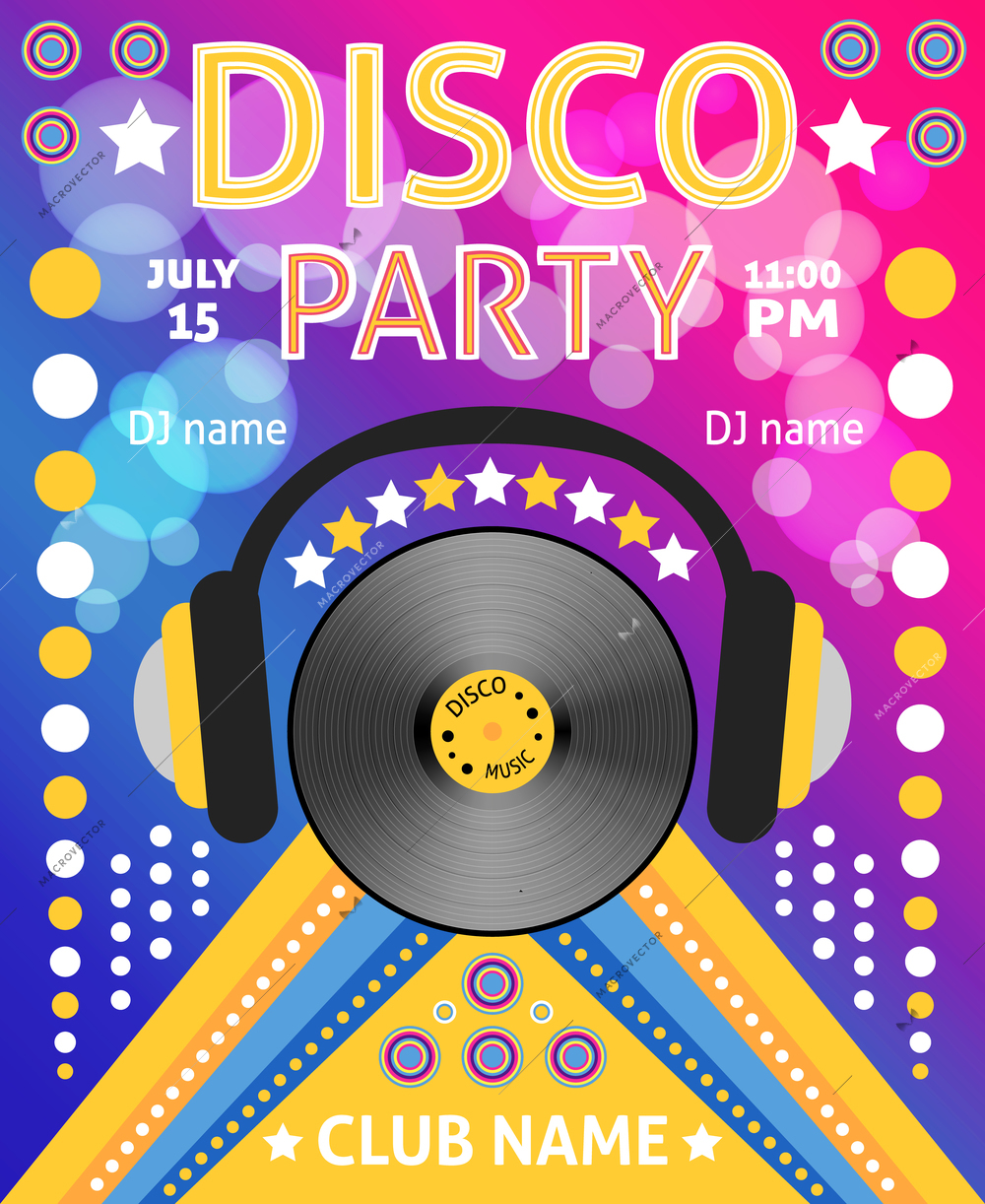 Retro disco party club music advertising promo creative poster vector illustration