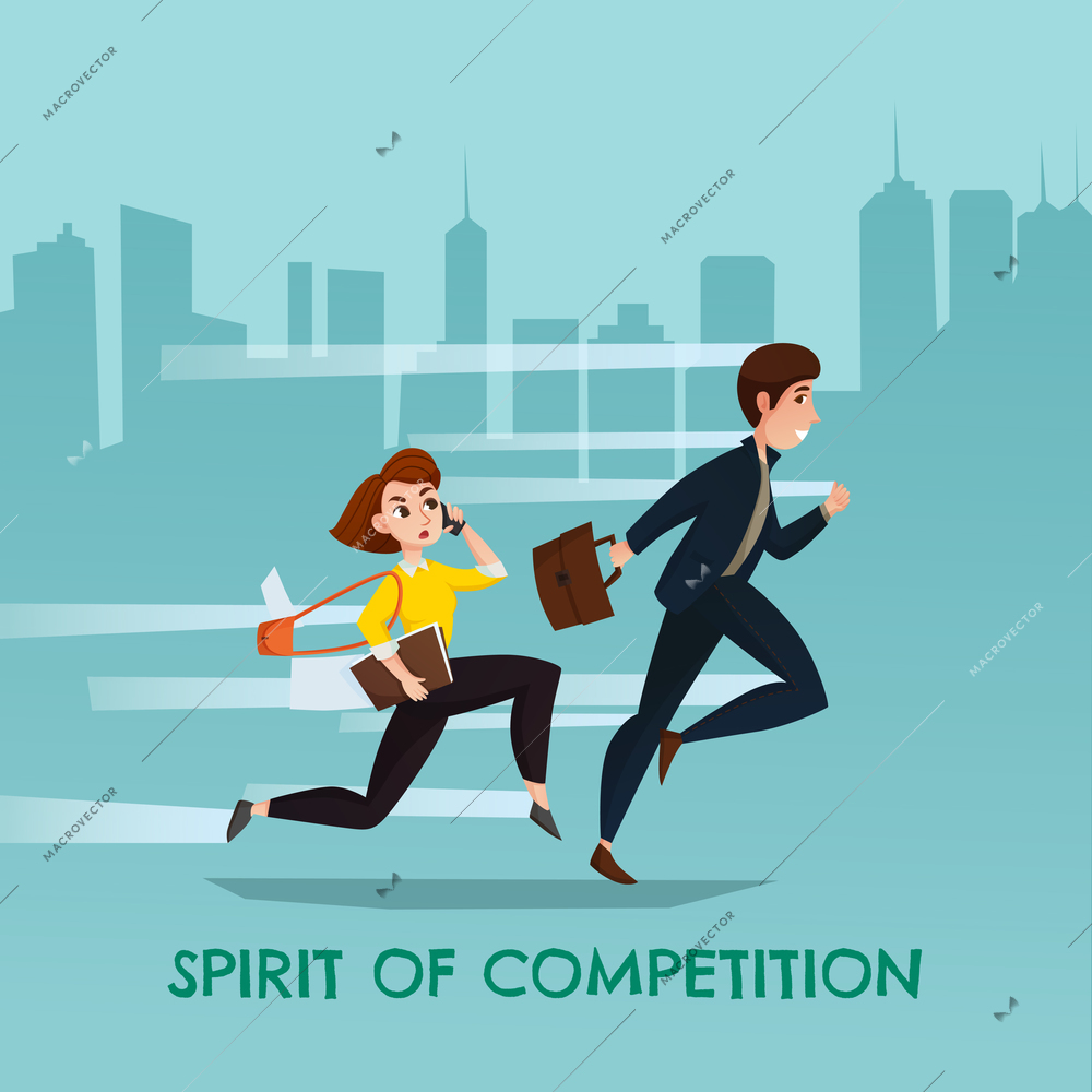 Spirit of competition urban poster with running young man and woman used in business trying overtake each other flat vector illustration