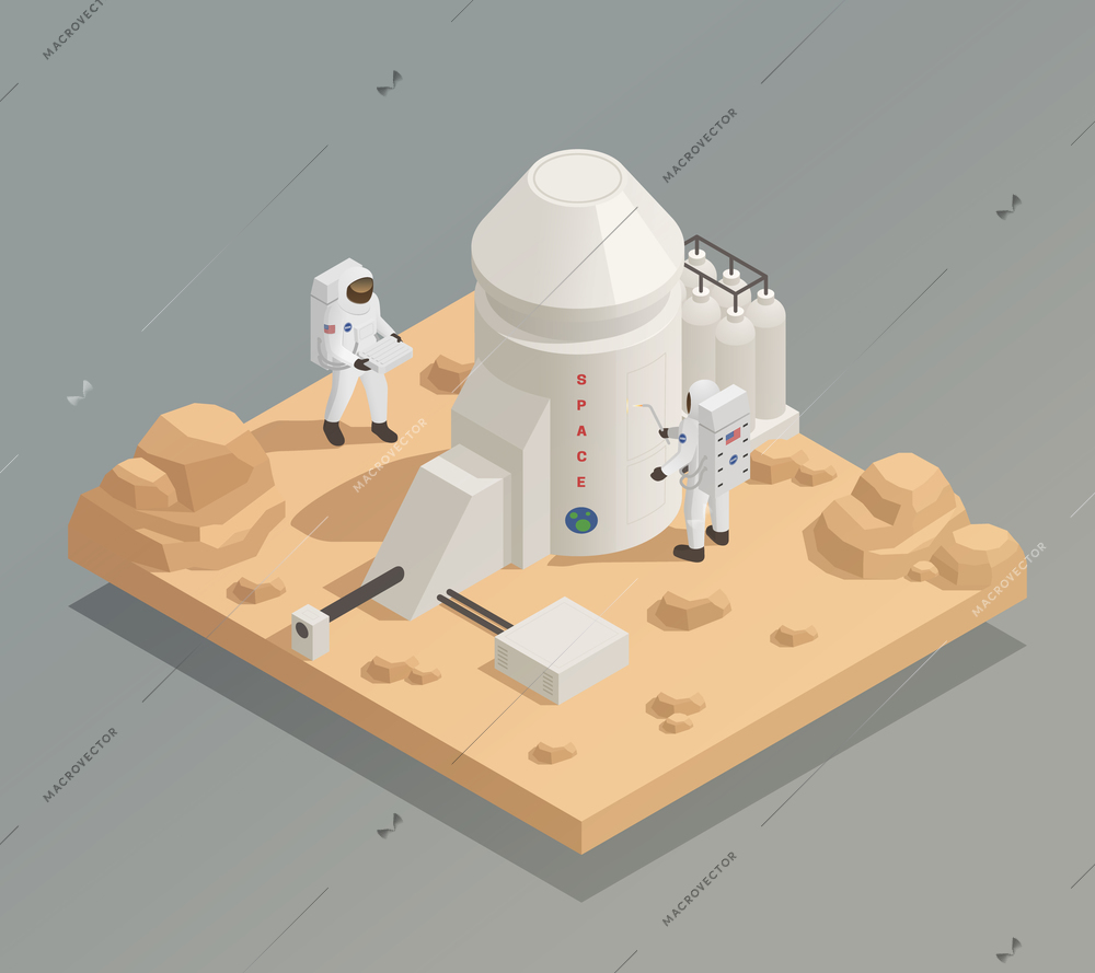 Life in universe isometric composition with astronauts in spacesuits working outside facility on another planet vector illustration