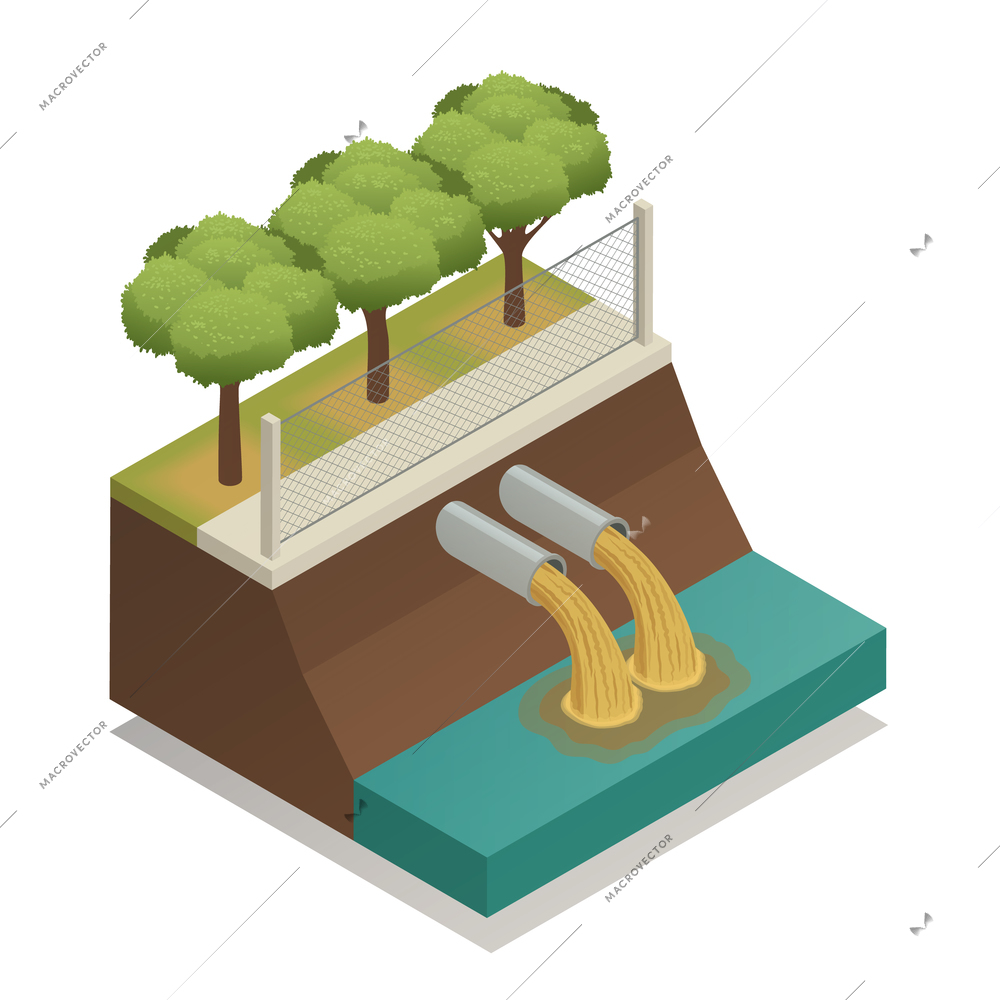 Wastewater sewage treatment before it dumped to river ecological friendly environmental pollution solutions isometric composition vector illustration