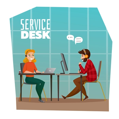 Service desk design concept with male and female employees sitting in technical support call center for customers flat vector illustration