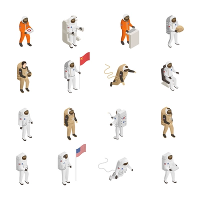 Astronauts explorers in spacesuit figures isometric icons collection with spacemen floating in outer space isolated vector illustration