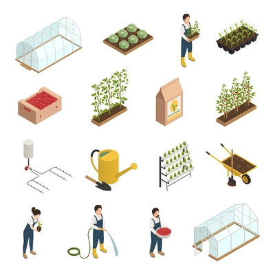 Greenhouse facilities personnel tools equipment plants accessories isometric icons set with wheelbarrow