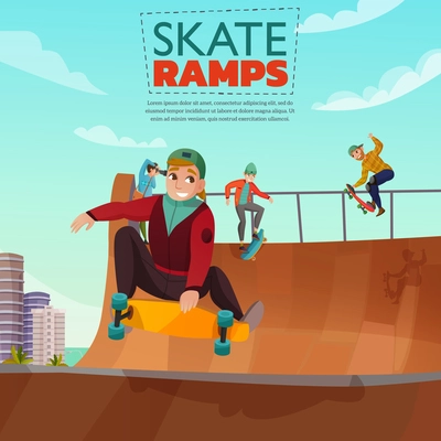 Skate ramp cartoon poster with teens riding skateboard on city sports ground vector illustration