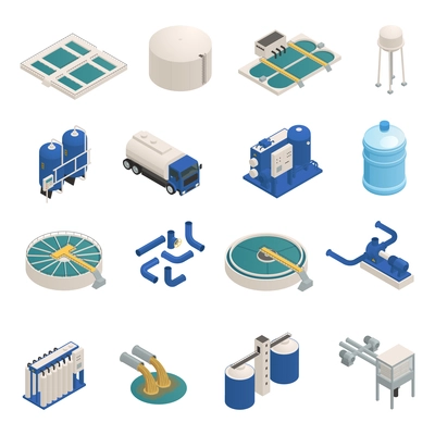 Water purification technology elements isometric icons collection with wastewater cleaning filtration and pumping units isolated vector illustration