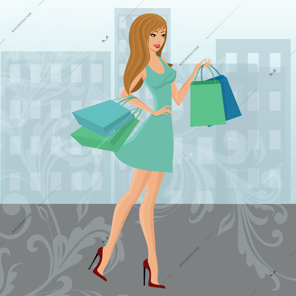 Young sexy shopping girl with fashion bags with swirl decoration and urban background isolated vector illustration