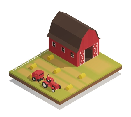 Agricultural farm harvesting machinery with hay making equipment compact tractor and large barn isometric composition vector illustration