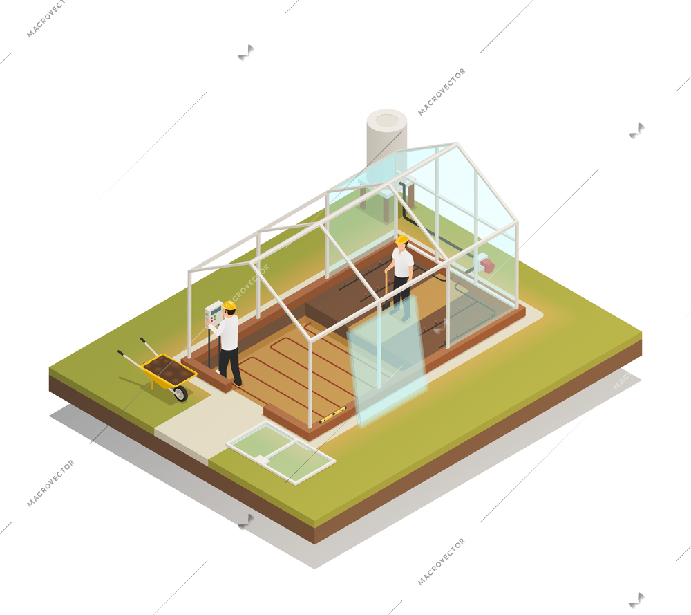 Greenhouse cable-supported facility construction process isometric composition with 2 workers installing glass panels vector illustration