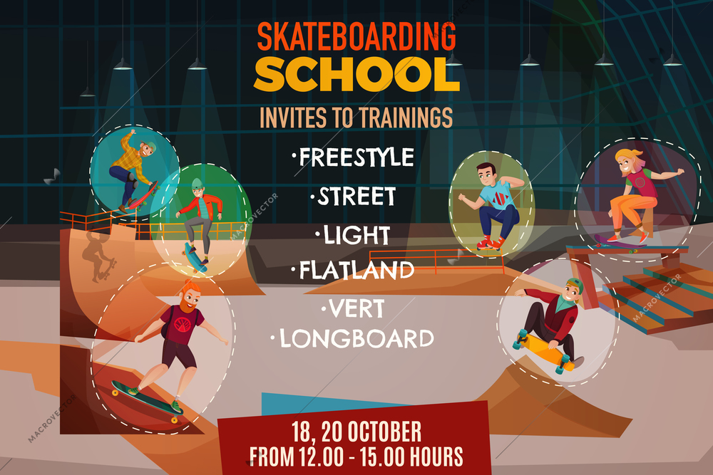 Skateboarding school poster with invite to training for flatland vert longboard street freestyle styles cartoon vector illustration