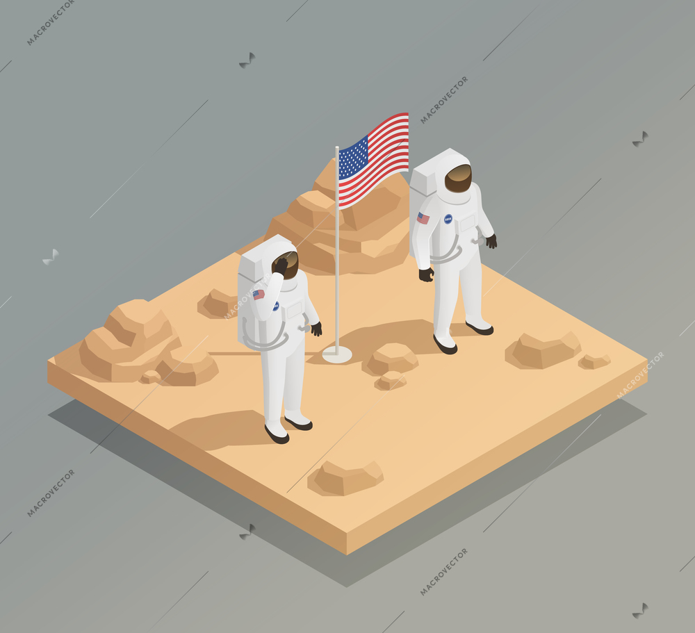 American space exploration mission isometric composition with astronauts in spacesuits on planet surface with flag vector illustration