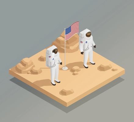 American space exploration mission isometric composition with astronauts in spacesuits on planet surface with flag vector illustration