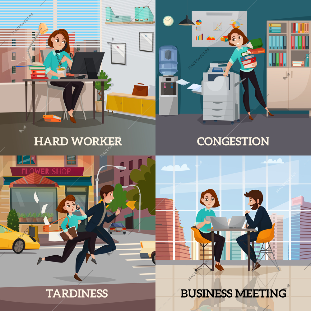Multitasking 2x2 design concept set of business meeting hard worker congestion and tardiness flat square compositions vector illustration