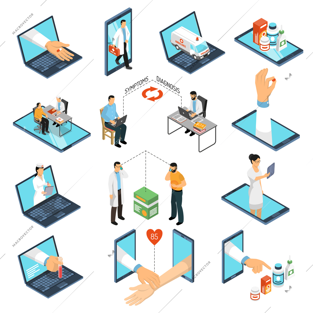 Online medical consultations diagnosis treatment from professional doctors network with laptop smartphone isometric icons collection vector illustration