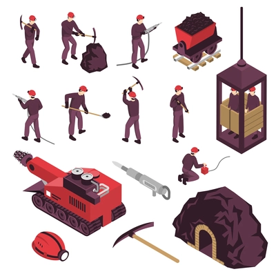 Mining industry workers machinery surface and underground  equipment isometric icons set with pneumatic coal pick isolated vector illustration