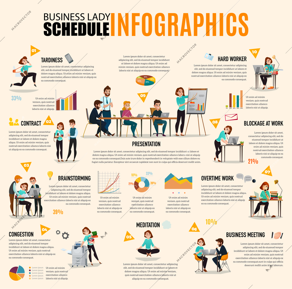 Time management infographics layout with business lady schedule in images accompanied by text flat vector illustration