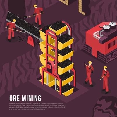 Subsurface underground mining process isometric composition poster with ore output transportation conveyor and boring machine vector illustration