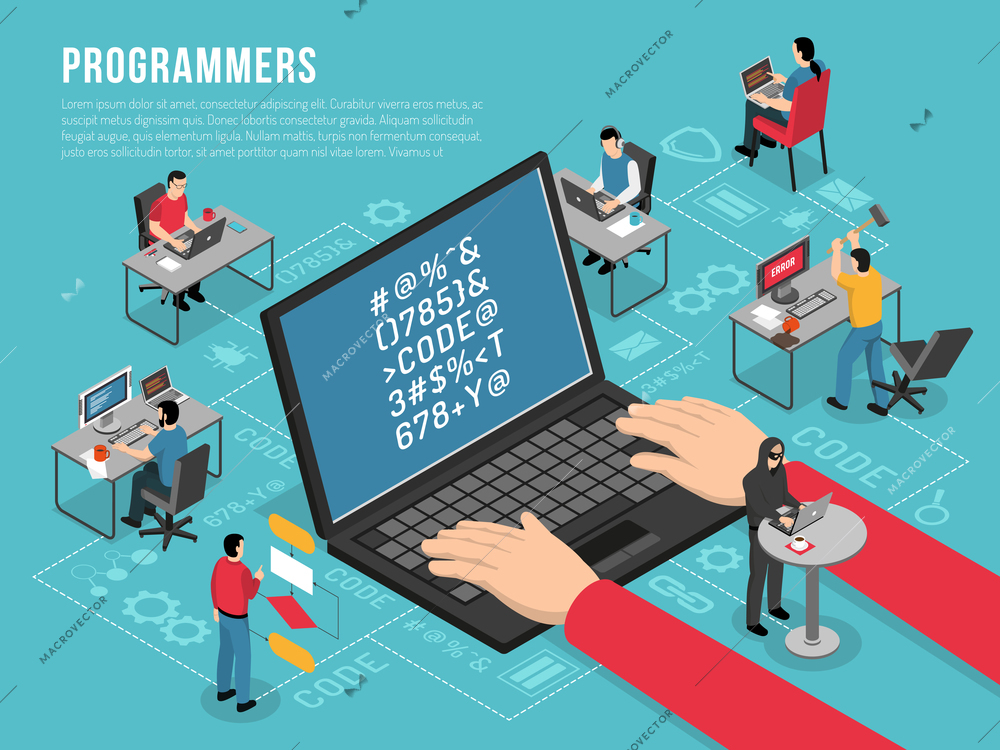 Computer programmers work Isometric conceptual composition poster with software developer code sample on laptop screen vector illustration