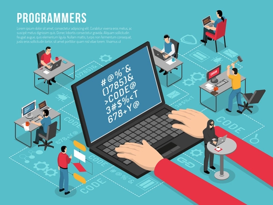 Computer programmers work Isometric conceptual composition poster with software developer code sample on laptop screen vector illustration