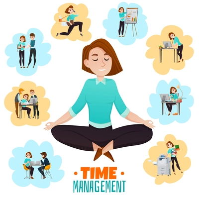 Multitasking flat vector illustration with young business woman meditating in lotus pose after hard work day