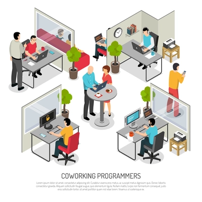 Computer programmers software developers office coworking solution with shared and individual work space isometric composition vector illustration