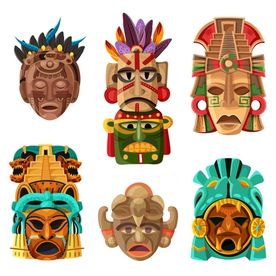 Colorful mayan mask cartoon set with native  ethnicity tribal and religious decorative elements isolated vector illustration