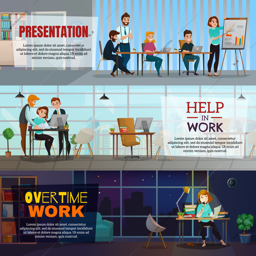 Multitasking horizontal banners with corporate partnership business presentation and overtime work flat compositions vector illustration
