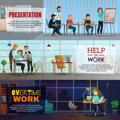 Multitasking horizontal banners with corporate partnership business presentation and overtime work flat compositions vector illustration