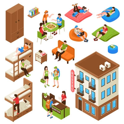 Hostel isometric icons set with building outside, bunk bed, reception desk, tourists during eating isolated vector illustration