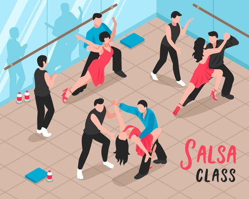 Salsa class scene with people during dance workout in ballroom with glass walls isometric vector illustration