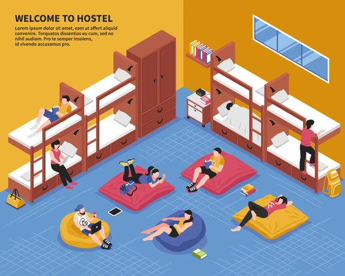 Hostel bedroom with guests on bunk beds and on bag chairs in rest zone isometric vector illustration