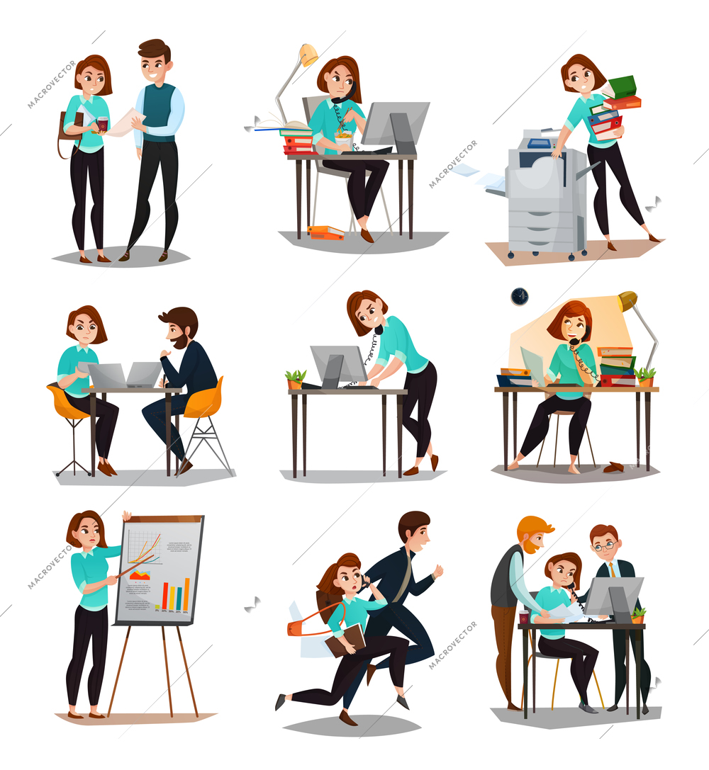 Multitasking isolated icons set with young businesswoman in working process alone and with her employees flat vector illustration
