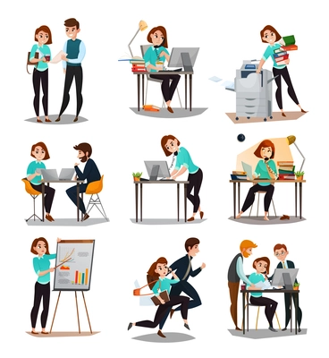 Multitasking isolated icons set with young businesswoman in working process alone and with her employees flat vector illustration